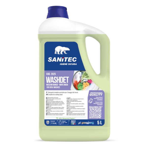 Sanitec Washdet πλήρες ενζυματικό απορρυπαντικό πλυντηρίου ρούχων με άρωμα White Musk 5L/ 5,1 Kg
